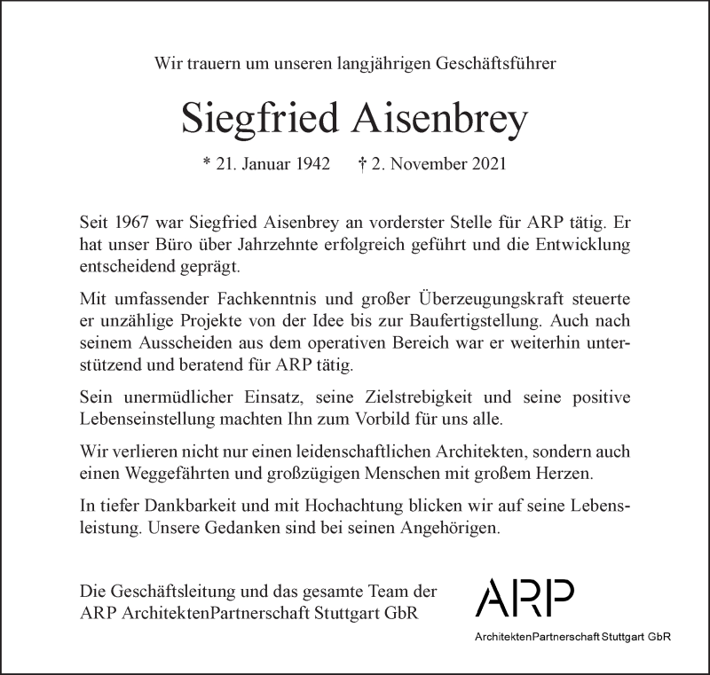  Traueranzeige für Siegfried Aisenbrey vom 10.11.2021 aus Stuttgarter Zeitung / Stuttgarter Nachrichten
