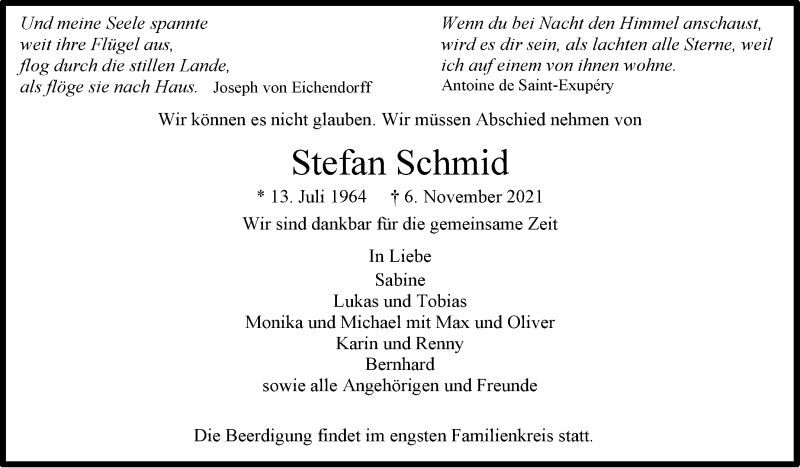  Traueranzeige für Stefan Schmid vom 13.11.2021 aus Stuttgarter Zeitung / Stuttgarter Nachrichten