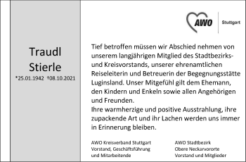 Traueranzeige von Traudl Stierle von Stuttgarter Zeitung / Stuttgarter Nachrichten
