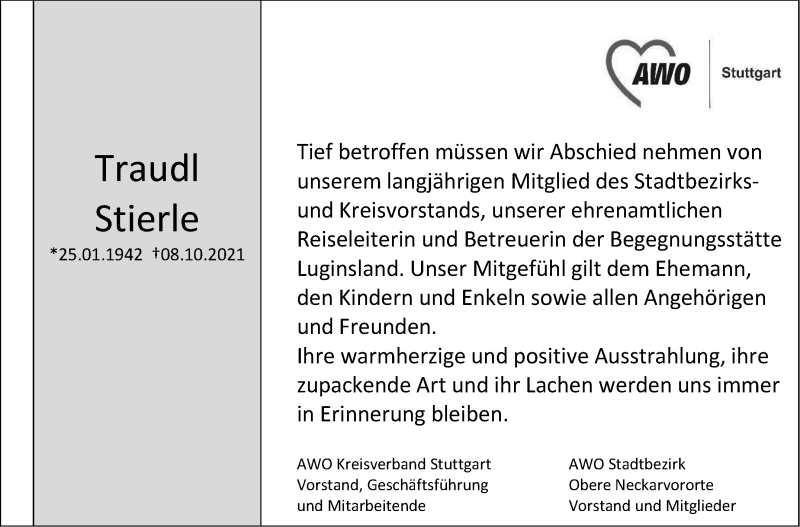 Traueranzeige für Traudl Stierle vom 03.11.2021 aus Stuttgarter Zeitung / Stuttgarter Nachrichten