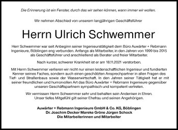Traueranzeige von Ulrich Schwemmer von Stuttgarter Zeitung / Stuttgarter Nachrichten