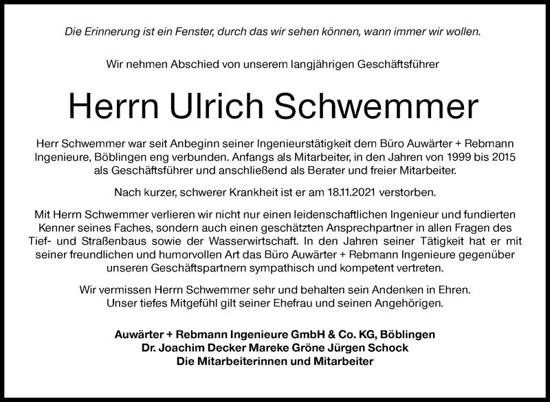 Traueranzeige für Ulrich Schwemmer vom 20.11.2021 aus Stuttgarter Zeitung / Stuttgarter Nachrichten