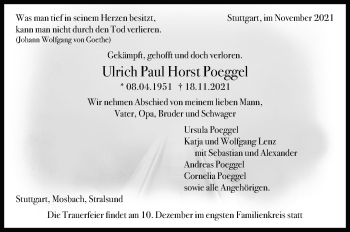 Traueranzeige von Ulrich Paul Horst Poeggel von Stuttgarter Zeitung / Stuttgarter Nachrichten