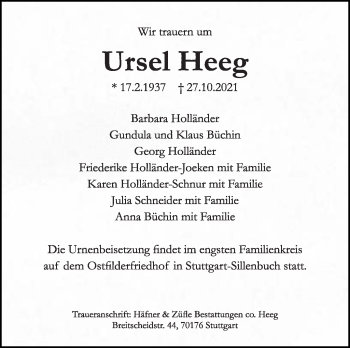 Traueranzeige von Ursel Heeg von Stuttgarter Zeitung / Stuttgarter Nachrichten