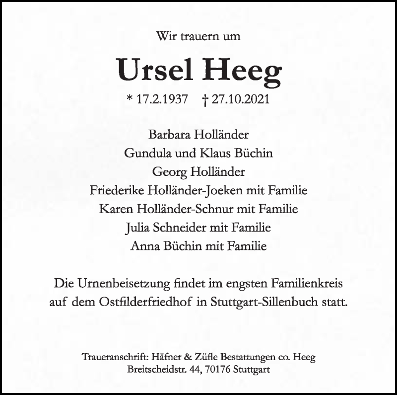  Traueranzeige für Ursel Heeg vom 13.11.2021 aus Stuttgarter Zeitung / Stuttgarter Nachrichten