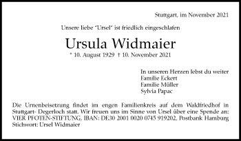 Traueranzeige von Ursula Widmaier von Stuttgarter Zeitung / Stuttgarter Nachrichten