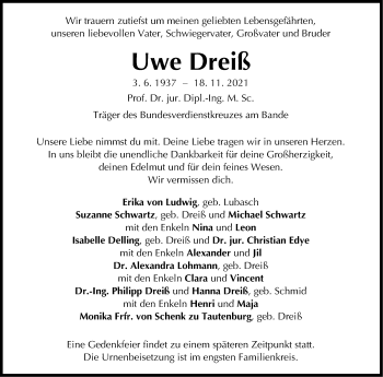 Traueranzeige von Uwe Dreiß von Stuttgarter Zeitung / Stuttgarter Nachrichten