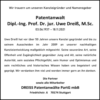 Traueranzeige von Uwe Dreiß von Stuttgarter Zeitung / Stuttgarter Nachrichten