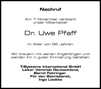 Traueranzeige von Uwe Pfaff von Stuttgarter Zeitung / Stuttgarter Nachrichten