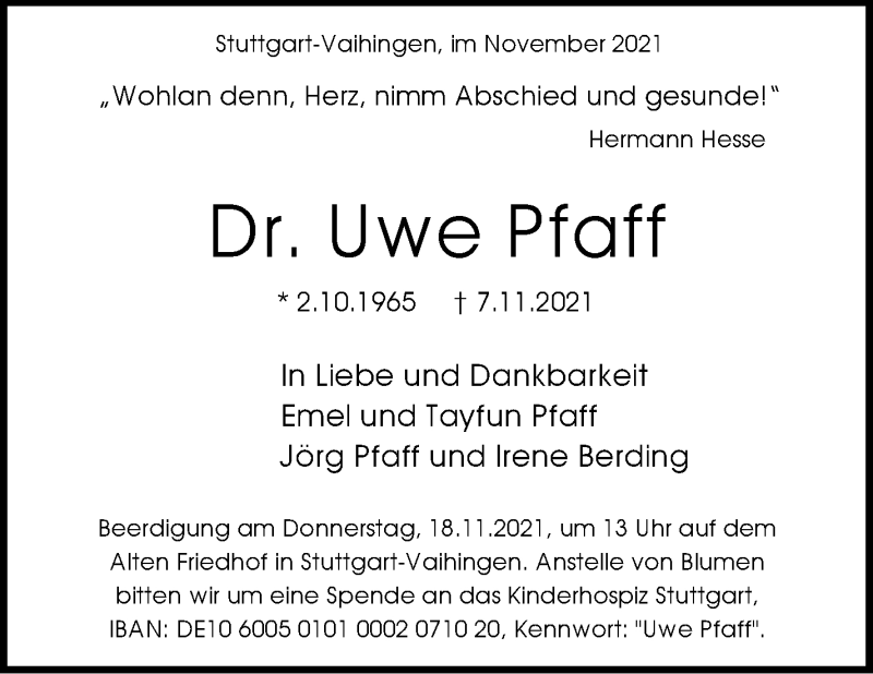  Traueranzeige für Uwe Pfaff vom 13.11.2021 aus Stuttgarter Zeitung / Stuttgarter Nachrichten