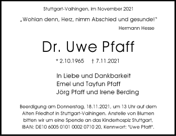 Traueranzeige von Uwe Pfaff von Stuttgarter Zeitung / Stuttgarter Nachrichten