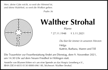 Traueranzeige von Walther Strohal von Stuttgarter Zeitung / Stuttgarter Nachrichten