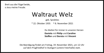 Traueranzeige von Waltraut Welz von Stuttgarter Zeitung / Stuttgarter Nachrichten