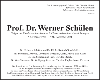 Traueranzeige von Werner Schülen von Stuttgarter Zeitung / Stuttgarter Nachrichten