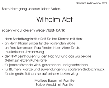 Traueranzeige von Wilhelm Abt von Stuttgarter Zeitung / Stuttgarter Nachrichten