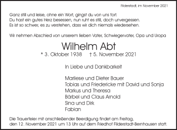 Traueranzeige von Wilhelm Abt von Stuttgarter Zeitung / Stuttgarter Nachrichten