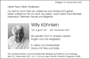 Traueranzeige von Willy Köhnlein von Stuttgarter Zeitung / Stuttgarter Nachrichten