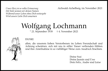 Traueranzeige von Wolfgang Lochmann von Stuttgarter Zeitung / Stuttgarter Nachrichten