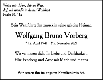 Traueranzeige von Wolfgang  Vorberg von Stuttgarter Zeitung / Stuttgarter Nachrichten