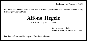 Traueranzeige von Alfons Hegele von Stuttgarter Zeitung / Stuttgarter Nachrichten