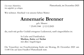 Traueranzeige von Annemarie Brenner von Stuttgarter Zeitung / Stuttgarter Nachrichten