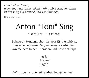 Traueranzeige von Anton  Sing von Stuttgarter Zeitung / Stuttgarter Nachrichten