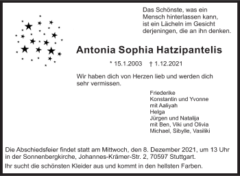 Traueranzeige von Antonia Sophia Hatzipantelis von Stuttgarter Zeitung / Stuttgarter Nachrichten