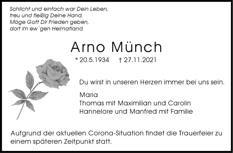  Traueranzeige für Arno Münch vom 03.12.2021 aus Stuttgarter Zeitung / Stuttgarter Nachrichten