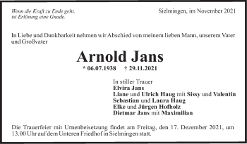 Traueranzeige von Arnold Jans von Stuttgarter Zeitung / Stuttgarter Nachrichten