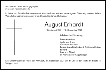 Traueranzeige von August Erhardt von Stuttgarter Zeitung / Stuttgarter Nachrichten