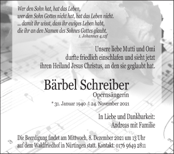 Traueranzeige von Bärbel Schreiber von Stuttgarter Zeitung / Stuttgarter Nachrichten