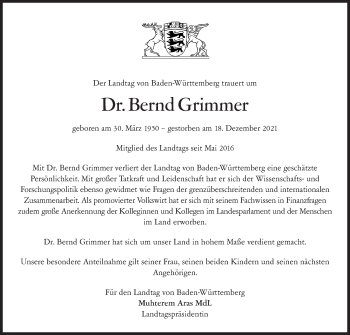 Traueranzeige von Bernd Grimmer von Stuttgarter Zeitung / Stuttgarter Nachrichten