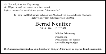 Traueranzeige von Bernd Neuffer von Stuttgarter Zeitung / Stuttgarter Nachrichten