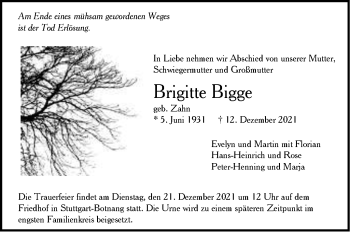 Traueranzeige von Brigitte Bigge von Stuttgarter Zeitung / Stuttgarter Nachrichten