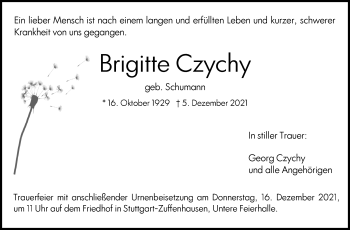 Traueranzeige von Brigitte Czychy von Stuttgarter Zeitung / Stuttgarter Nachrichten