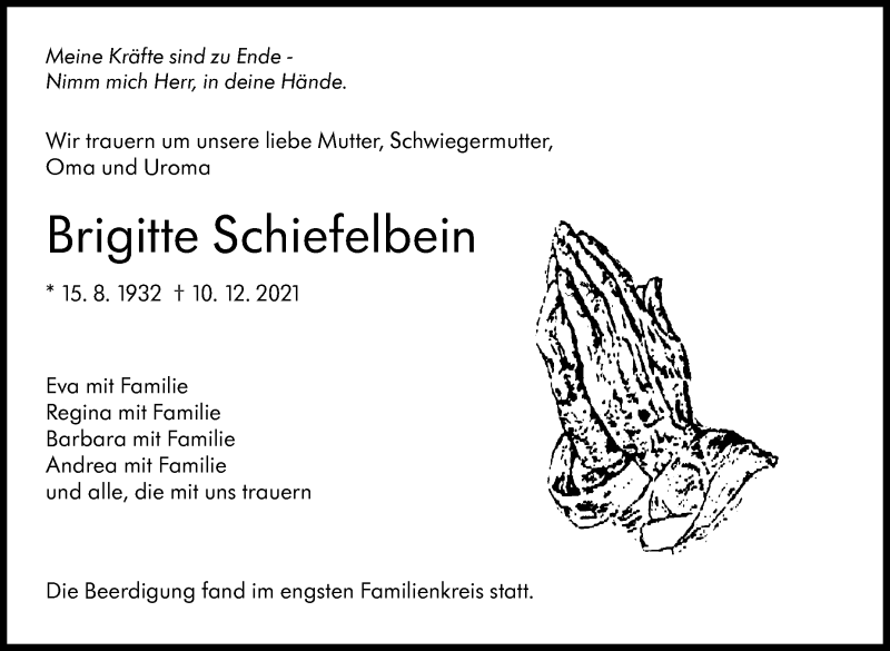  Traueranzeige für Brigitte Schiefelbein vom 18.12.2021 aus Stuttgarter Zeitung / Stuttgarter Nachrichten