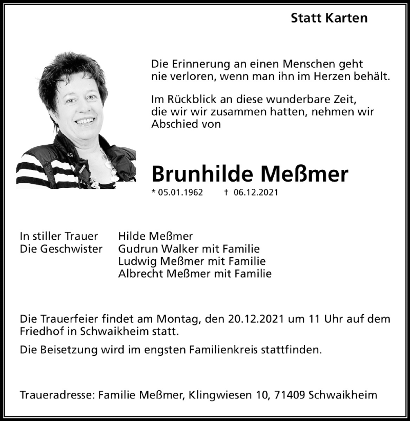  Traueranzeige für Brunhilde Meßmer vom 11.12.2021 aus Stuttgarter Zeitung / Stuttgarter Nachrichten