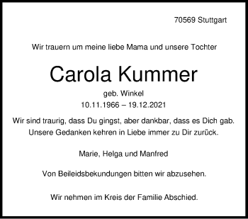 Traueranzeige von Carola Kummer von Stuttgarter Zeitung / Stuttgarter Nachrichten