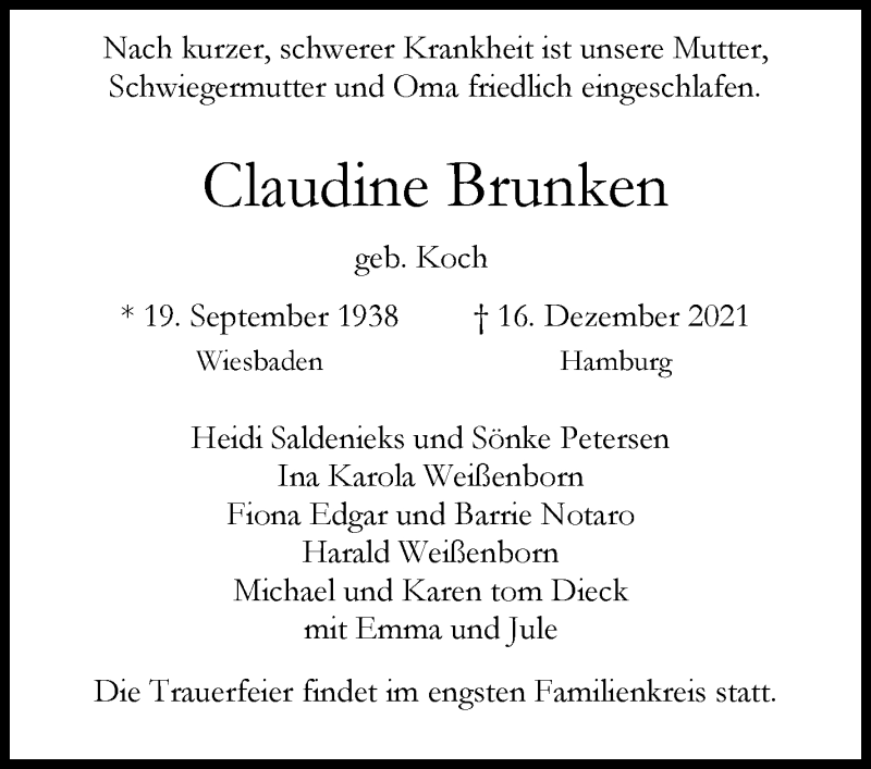  Traueranzeige für Claudine Brunken vom 24.12.2021 aus Stuttgarter Zeitung / Stuttgarter Nachrichten