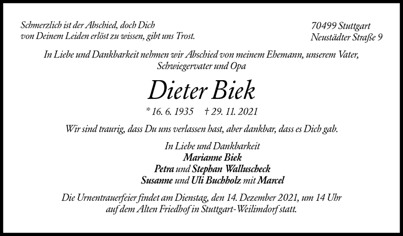  Traueranzeige für Dieter Biek vom 04.12.2021 aus Stuttgarter Zeitung / Stuttgarter Nachrichten