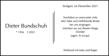 Traueranzeige von Dieter Bundschuh von Stuttgarter Zeitung / Stuttgarter Nachrichten
