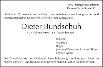 Traueranzeige von Dieter Bundschuh von Stuttgarter Zeitung / Stuttgarter Nachrichten