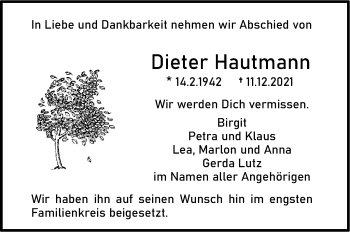 Traueranzeige von Dieter Hautmann von Stuttgarter Zeitung / Stuttgarter Nachrichten