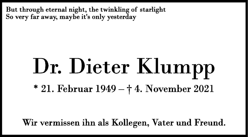  Traueranzeige für Dieter Klumpp vom 18.12.2021 aus Stuttgarter Zeitung / Stuttgarter Nachrichten