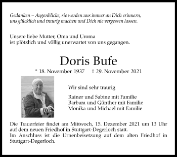Traueranzeige von Doris Bufe von Stuttgarter Zeitung / Stuttgarter Nachrichten