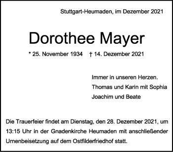 Traueranzeige von Dorothee Mayer von Stuttgarter Zeitung / Stuttgarter Nachrichten