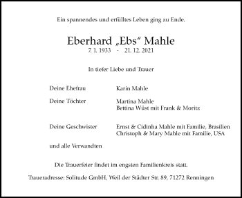 Traueranzeige von Eberhard  Mahle von Stuttgarter Zeitung / Stuttgarter Nachrichten