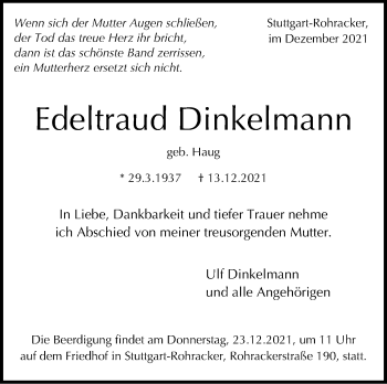 Traueranzeige von Edeltraud Dinkelmann von Stuttgarter Zeitung / Stuttgarter Nachrichten