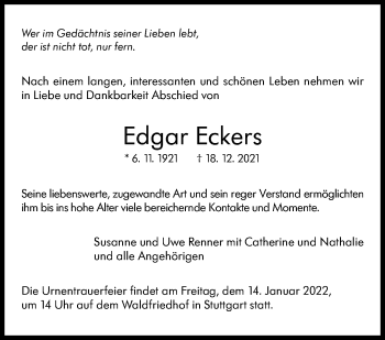 Traueranzeige von Edgar Eckers von Stuttgarter Zeitung / Stuttgarter Nachrichten