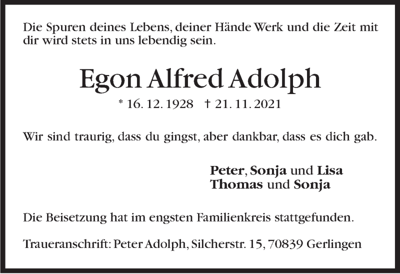  Traueranzeige für Egon Alfred Adolph vom 31.12.2021 aus Stuttgarter Zeitung / Stuttgarter Nachrichten
